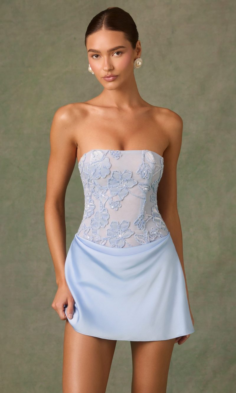 Embellished Draped Strapless A-Line Mini Dress in Sky Blue