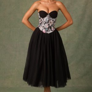 Embellished Lace-Up Cupless Corset in Floral Black