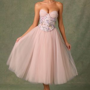 Embellished Lace-Up Cupless Corset in Floral Pink