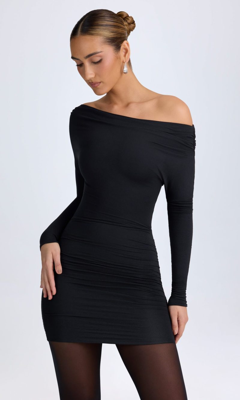 Modal Off-Shoulder Ruched Mini Dress in Black