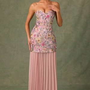 Embellished Convertible Lace-Up Gown in Floral Pink