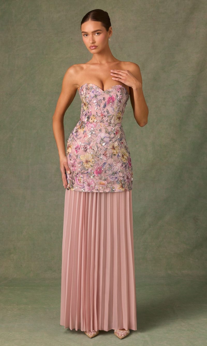 Embellished Convertible Lace-Up Gown in Floral Pink