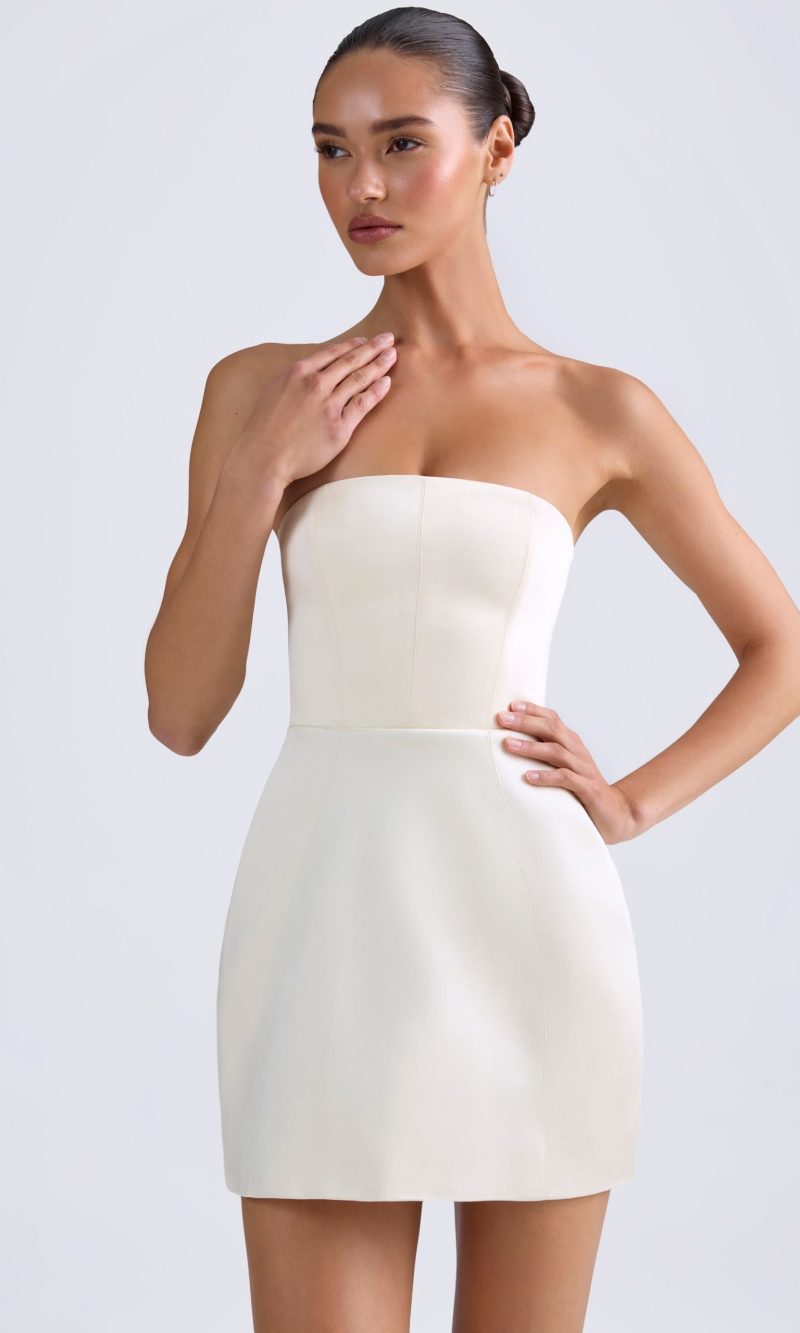 Bandeau Structured Tulip Mini Dress in Ivory