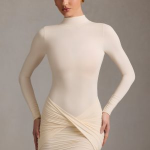 Ruched Backless Turtleneck Mini Dress in Ivory