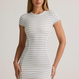 Modal Short-Sleeve Bodycon Mini Dress in Blue & Yellow Stripe