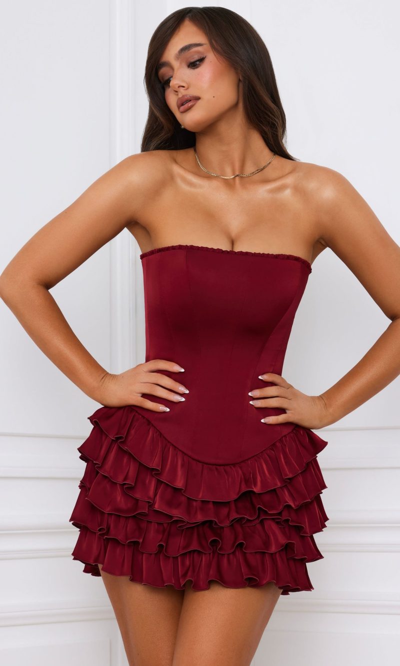 Bandeau Ruffled Tiered Corset Mini Dress in Berry Red