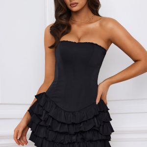 Bandeau Ruffled Tiered Corset Mini Dress in Black