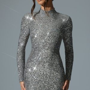Embellished Open-Back Mini Dress in Silver