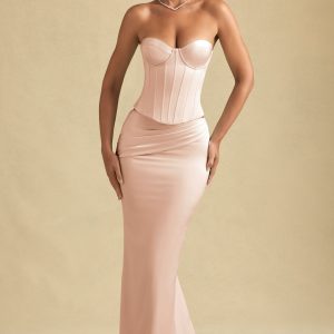 Draped Low-Rise Maxi Skirt in Beige Gold