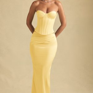 Draped Low-Rise Maxi Skirt in Pastel Yellow