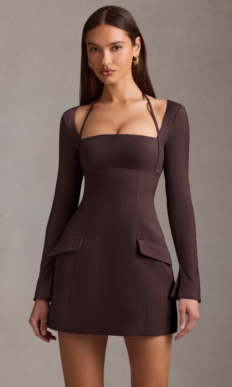 Pinstripe Structured A-Line Mini Dress in Chocolate Brown