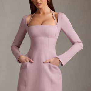 Pinstripe Structured A-Line Mini Dress in Mauve
