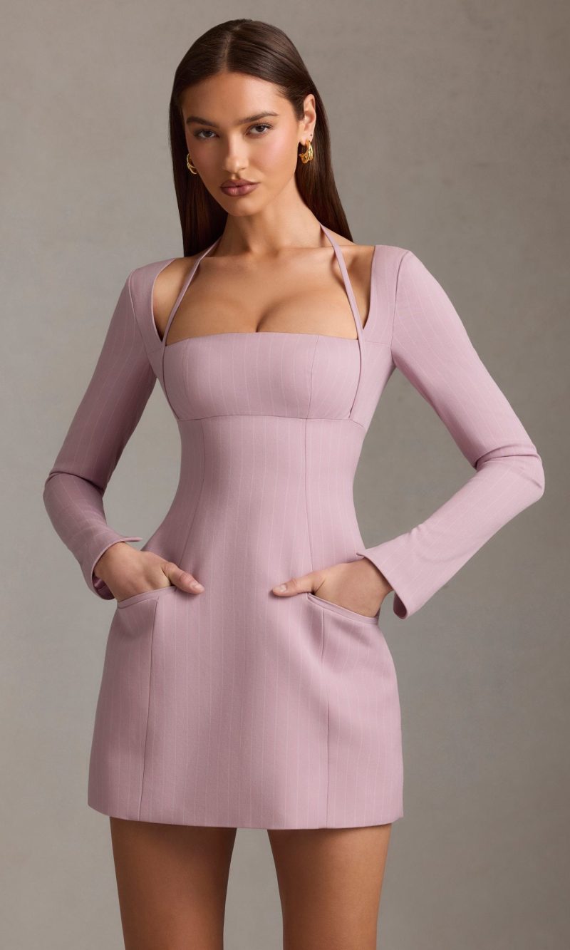 Pinstripe Structured A-Line Mini Dress in Mauve