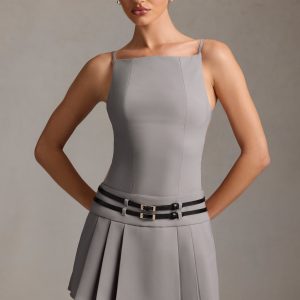Belted Backless Pleated Mini Dress in Grey