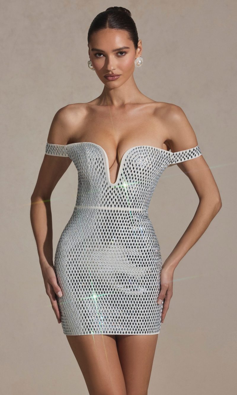 Embellished Off-Shoulder Mini Dress in White
