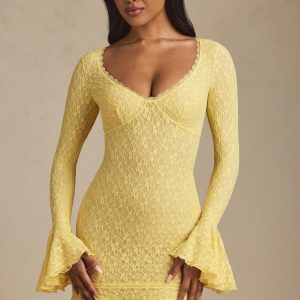 Long-Sleeve Ruffled Lace Mini Dress in Pastel Yellow