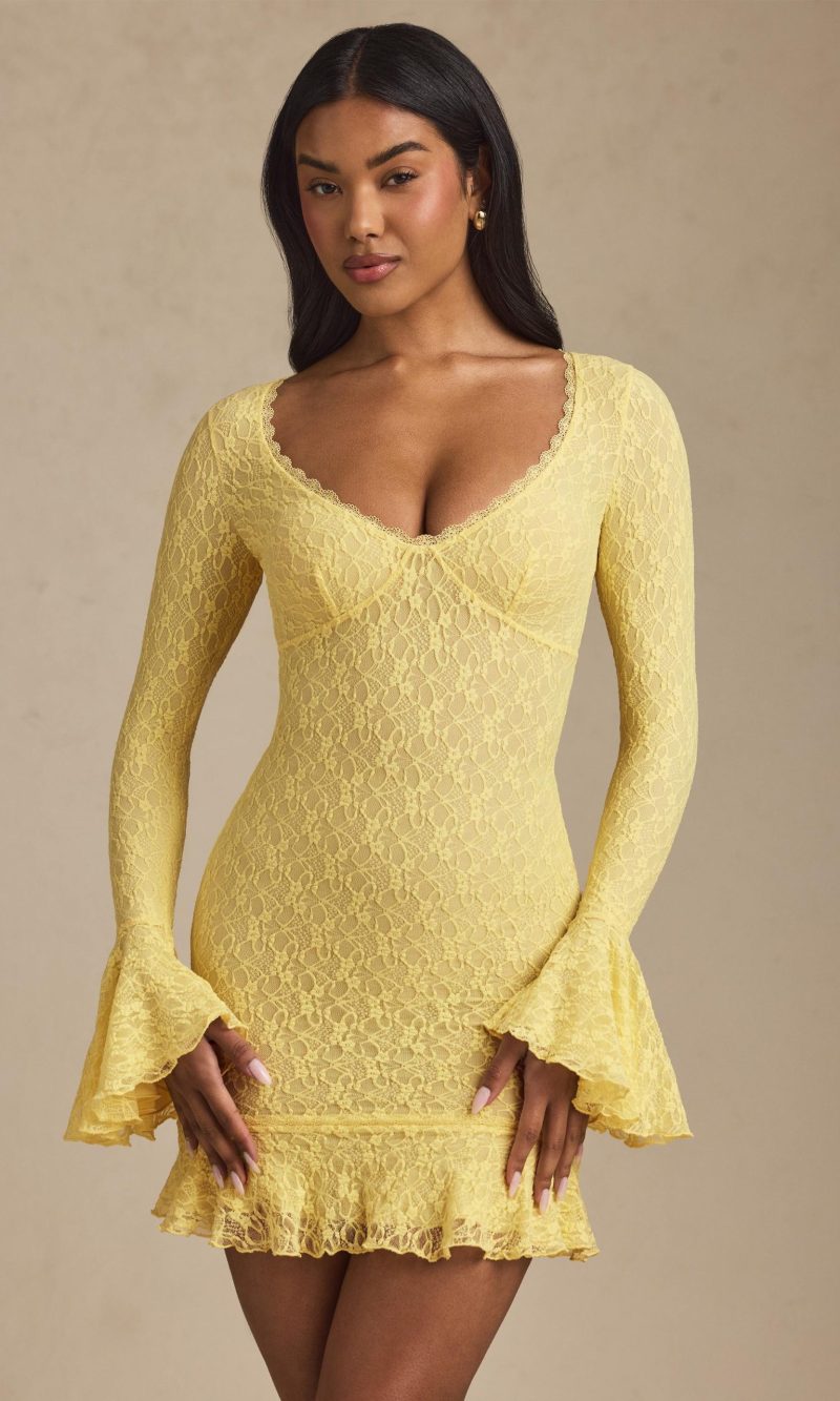Long-Sleeve Ruffled Lace Mini Dress in Pastel Yellow