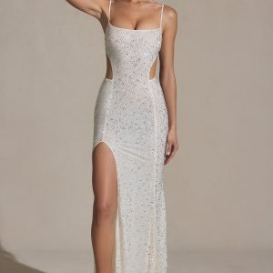 Embellished Cut-Out Fishtail Maxi Dress in White