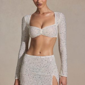 Embellished Long-Sleeve Crop Top in White