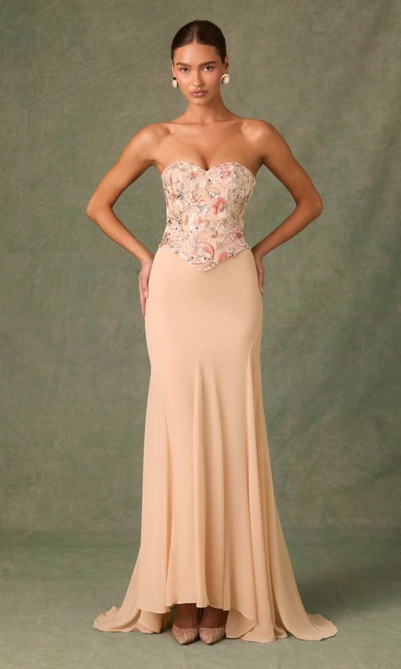 Embellished Corset Fishtail Gown in Floral Beige