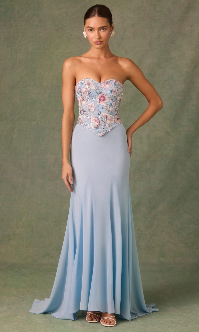 Embellished Corset Fishtail Gown in Floral Blue