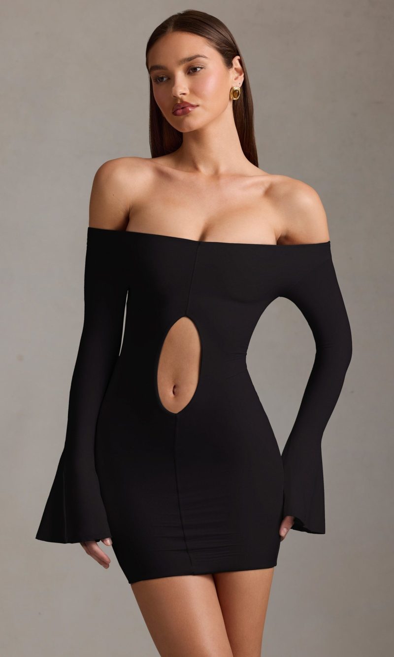 Off-Shoulder Cut-Out Mini Dress in Black