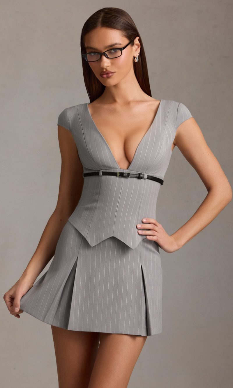 Pinstripe Pleated Waistcoat Mini Dress in Grey