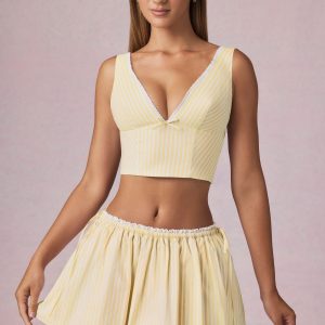 Ruched Drawstring Mini Skirt in Lemon Yellow Stripe