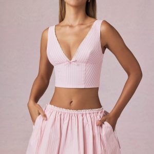 Ruched Drawstring Mini Skirt in Soft Mauve Stripe
