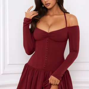 Off-Shoulder Tiered Corset Mini Dress in Berry Red