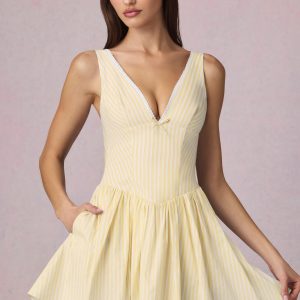 Bow-Detail A-Line Mini Dress in Lemon Yellow Stripe