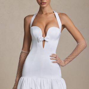 Bow-Detail Halterneck Bubble Hem Mini Dress in White