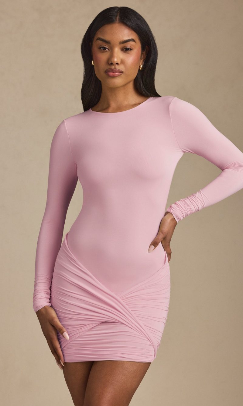 Twist-Front Ruched Backless Mini Dress in Soft Pink