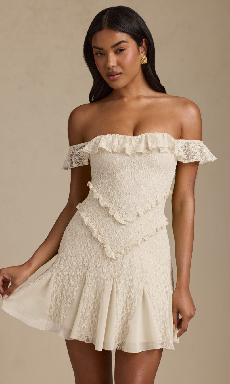 Off-Shoulder Lace A-Line Mini Dress in Ivory