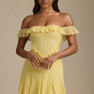 Off-Shoulder Lace A-Line Mini Dress in Pastel Yellow