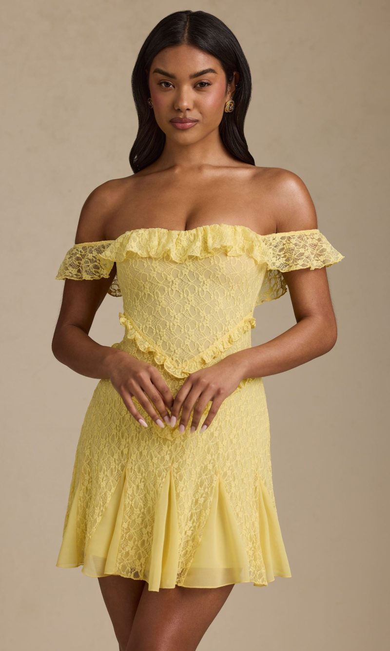 Off-Shoulder Lace A-Line Mini Dress in Pastel Yellow