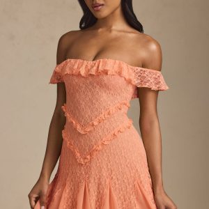 Off-Shoulder Lace A-Line Mini Dress in Peach