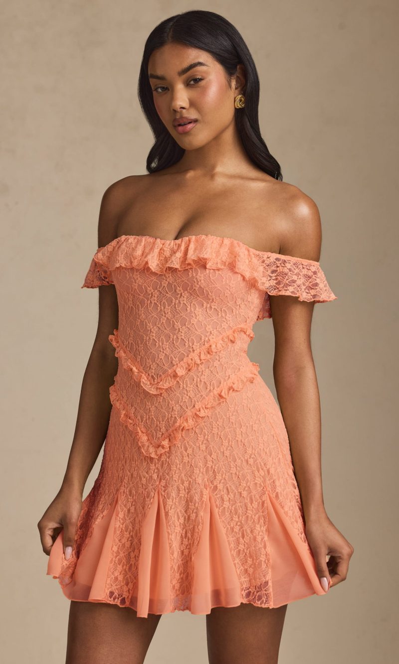 Off-Shoulder Lace A-Line Mini Dress in Peach