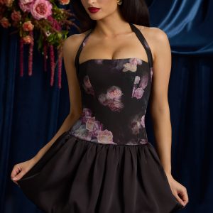 Halterneck Lace-Up Bubble Hem Mini Dress in Black Floral Print
