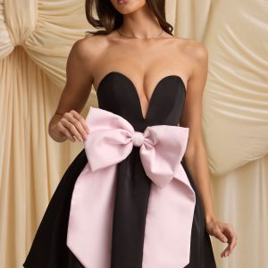 Bow-Detail Corset Mini Dress in Black
