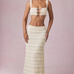 Ruffled Mid-Rise Maxi Skirt in Ivory