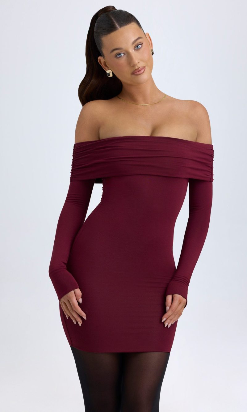 Modal Off-Shoulder Mini Dress in Wine Red