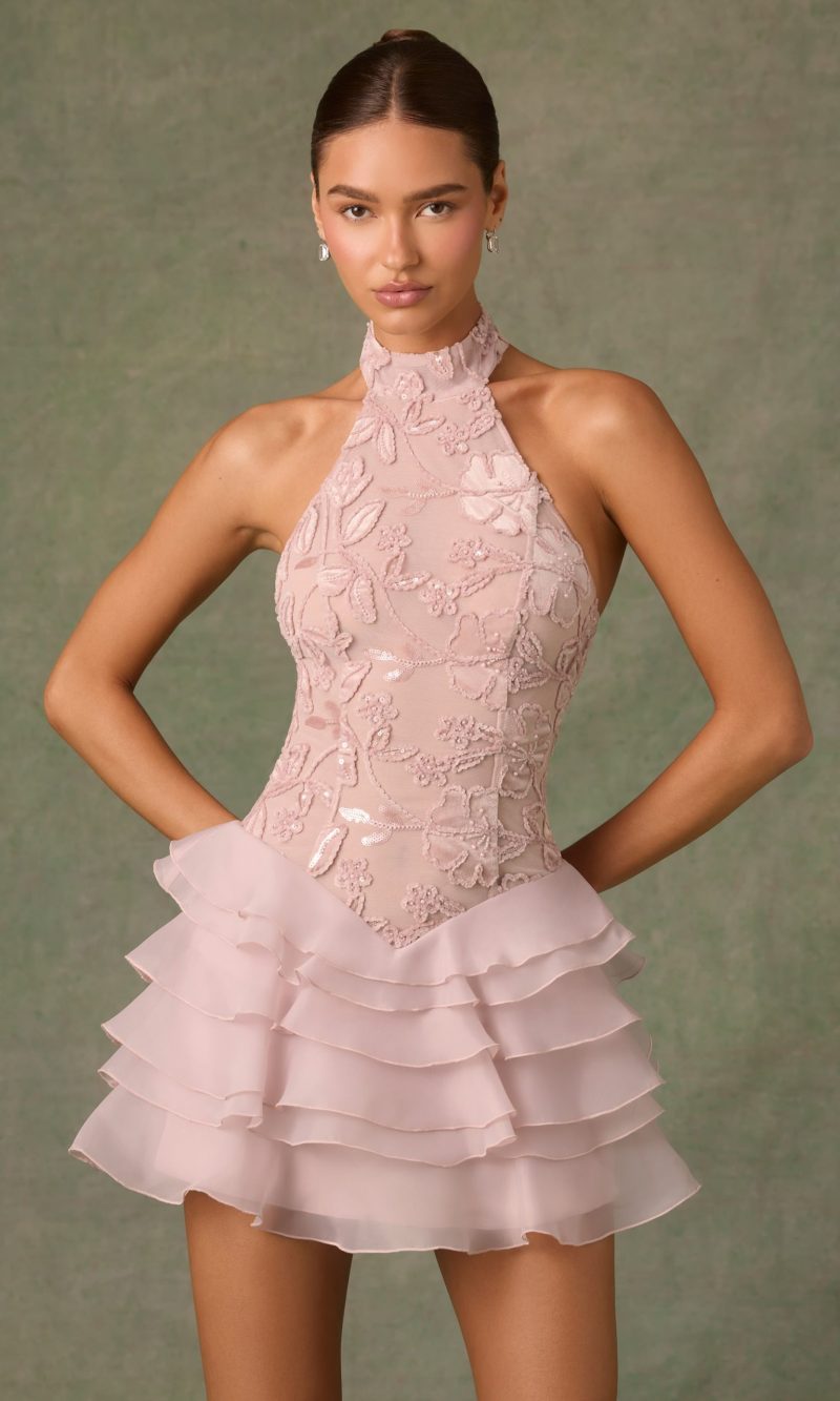 Embellished Ruffled Halterneck Mini Dress in Dusty Rose