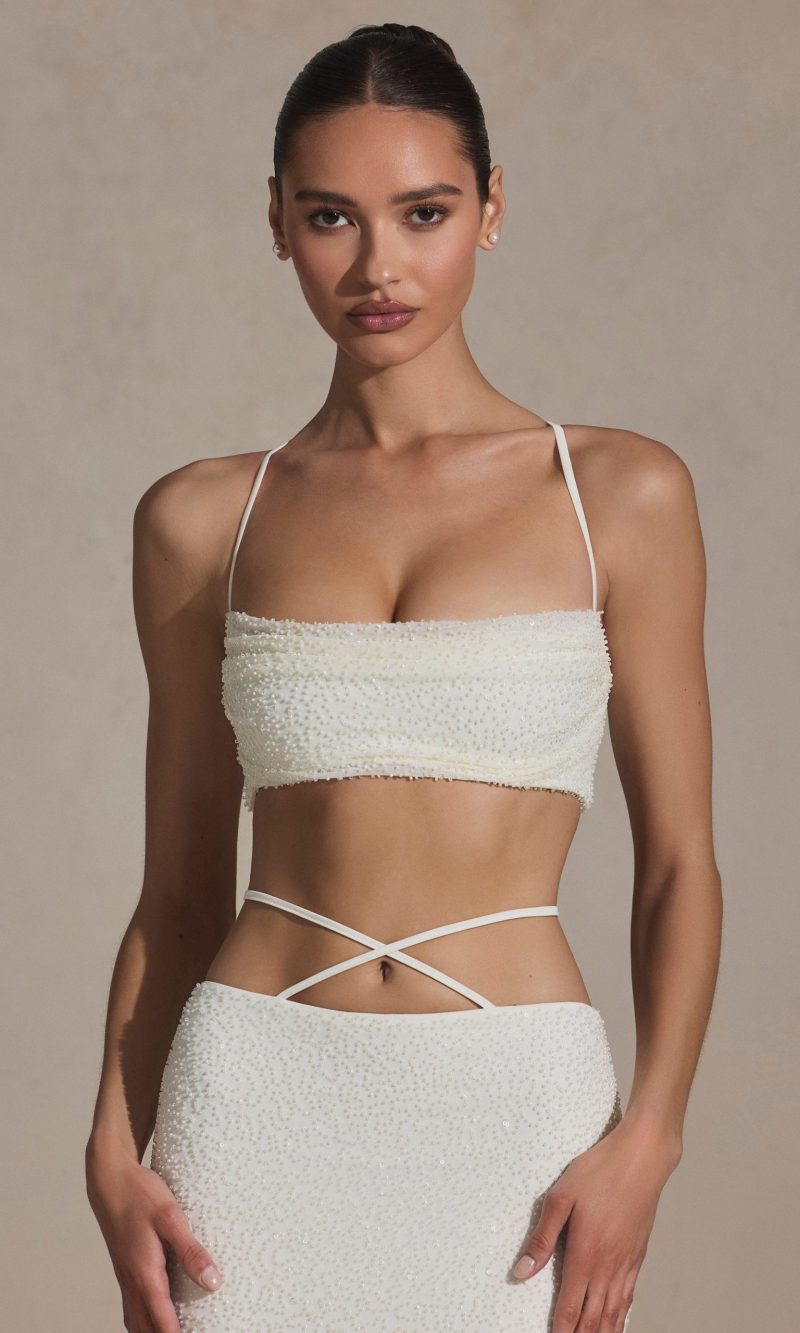 Embellished Cross Back Crop Top in White