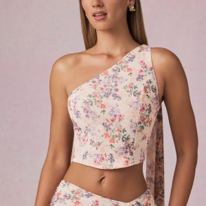 Scarf-Detail One-Shoulder Top in Primrose Floral Print