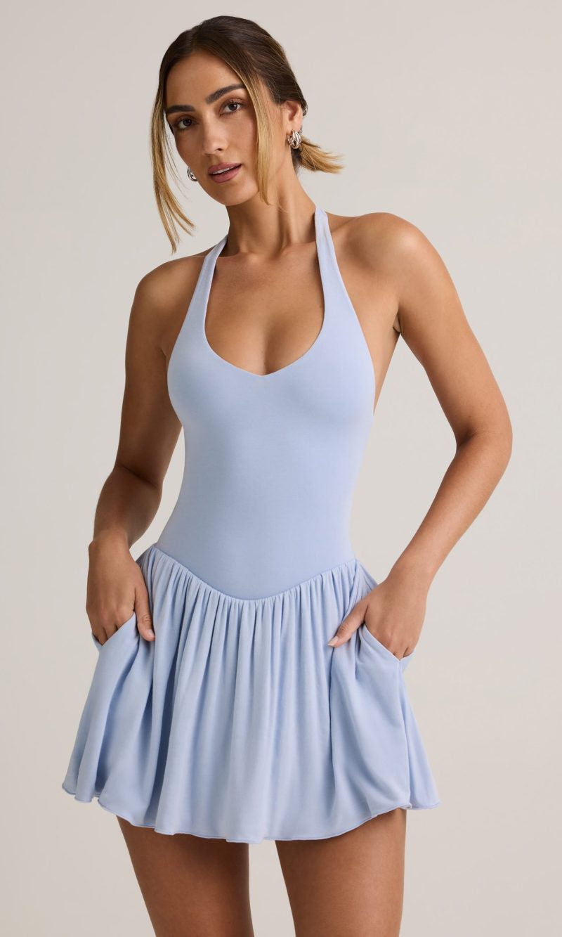 Modal Backless Halterneck Mini Dress in Light Blue - S