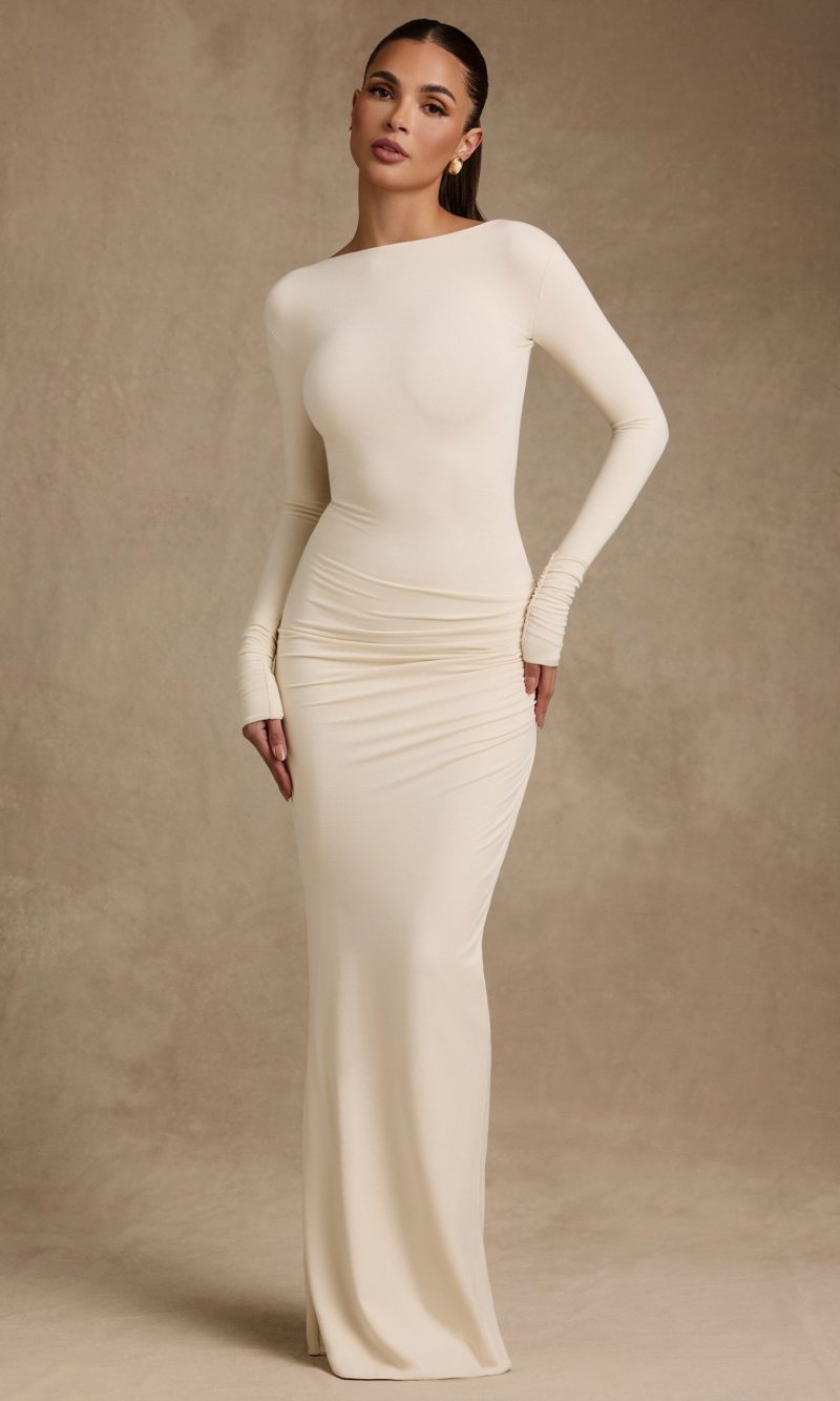 Modal Ruched Backless Maxi Dress in Ivory
