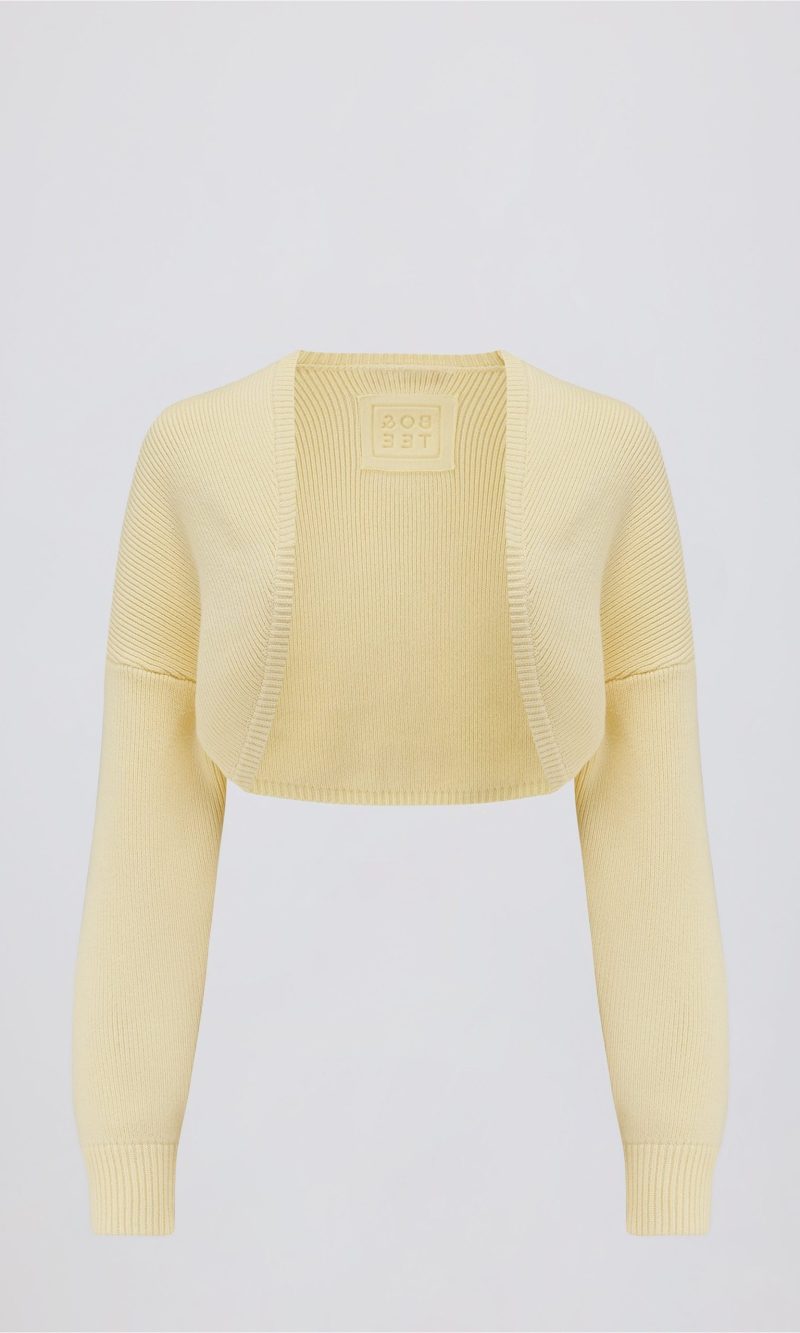 Ribbed-Knit Cropped Shrug in Lemon