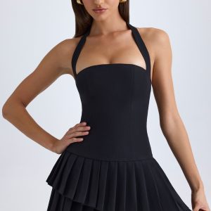 Asymmetric Layered Halterneck Mini Dress in Black