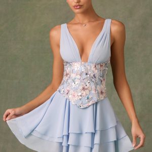 Embellished Ruffled Corset Mini Dress in Floral Blue